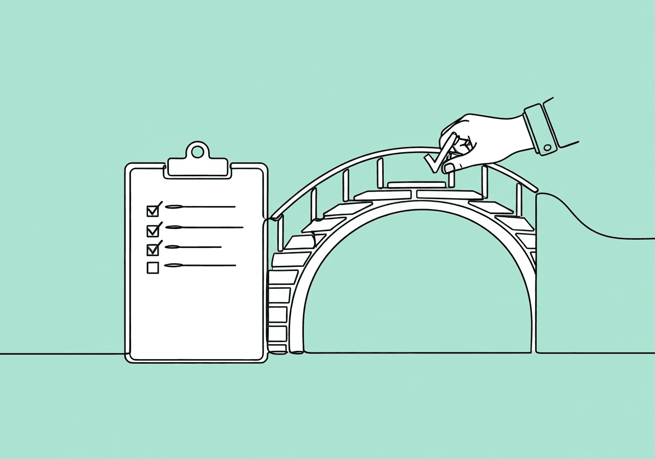 RBT Session Notes Tips: 10 Best Practices Minimalist line art illustration of a clipboard transforming into a bridge, with a hand checking a box at the end—an engaging metaphor for RBT session notes tips, emphasizing structure, support, and progress in note-taking.