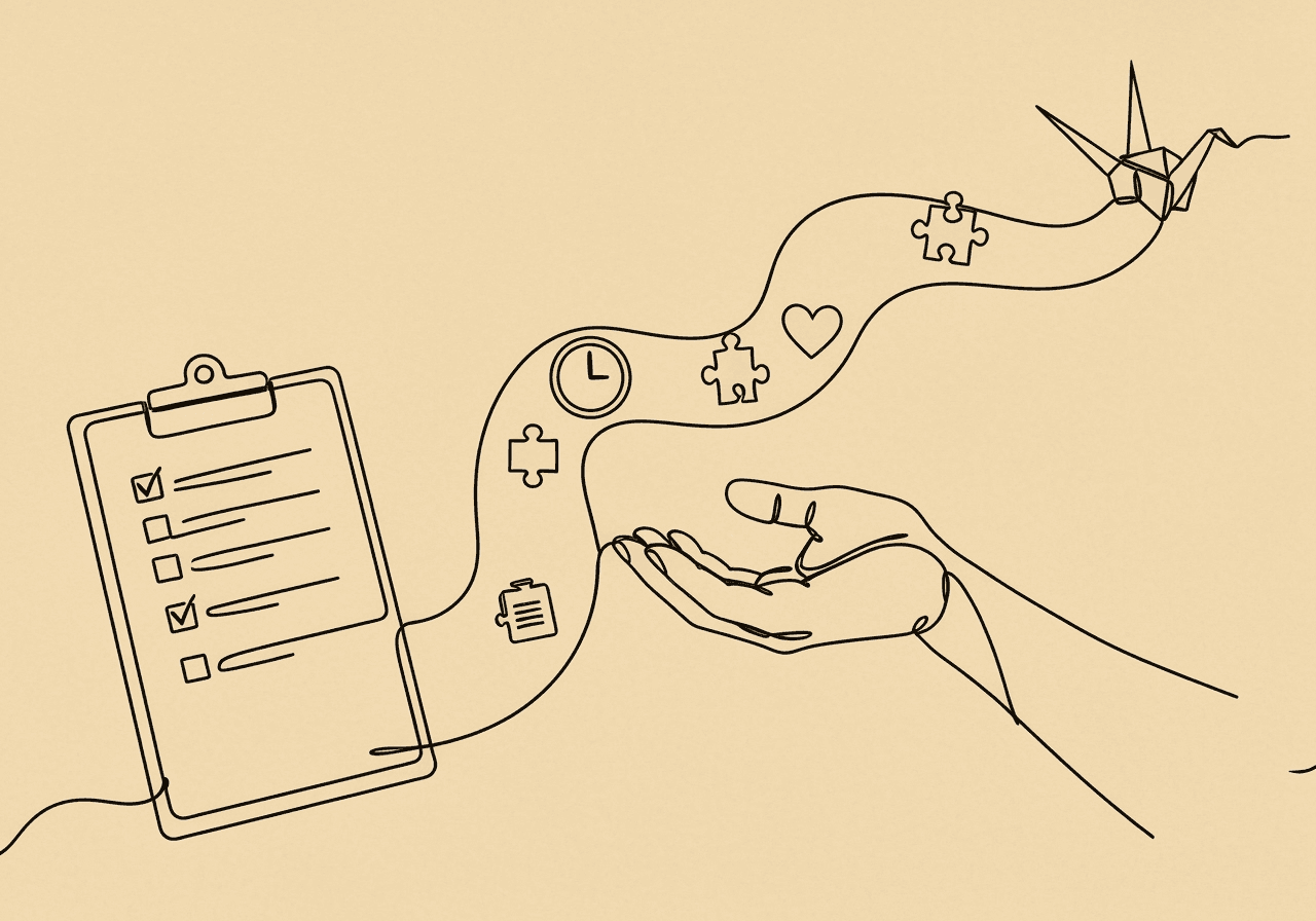 RBT Session Workflow Checklist: Step-by-Step Guide Minimalist line art illustration of an RBT session workflow checklist, showing a clipboard, guiding hand, and paper path transforming into symbols of planning, care, and transition. This visually represents the step-by-step RBT workflow process.