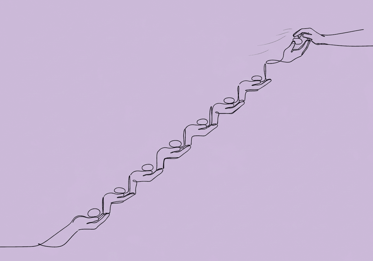 RBT Shaping Documentation: Step-by-Step Guide Minimalist line art illustrating RBT shaping documentation: a staircase of open hands passing pebbles upward, symbolizing step-by-step progress and detailed ABA recording, on pastel lavender background.