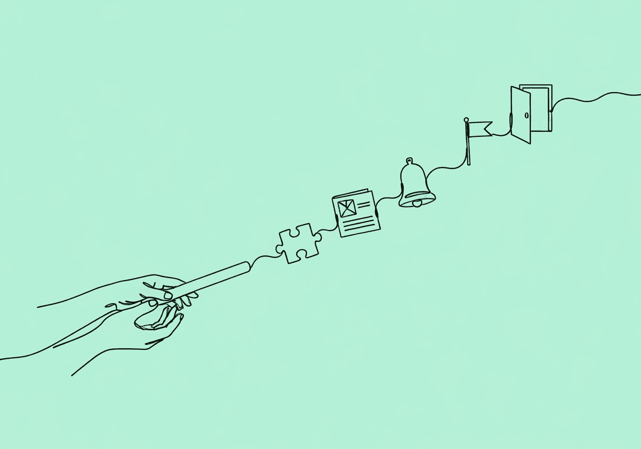 RBT Shift Handover Documentation: ABCDE Guide Minimalist line art of one hand passing a baton to another, with the baton transforming into five objects representing stages of RBT shift handover documentation. Illustrates the structured yet seamless process for behavioral care continuity.