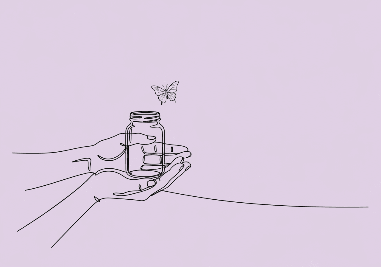 RBT Documentation for SIB: Essential Beginner's Guide Minimalist line art showing two hands gently holding a jar with a butterfly inside, representing RBT documentation for SIB as careful, compassionate, and hopeful observation.