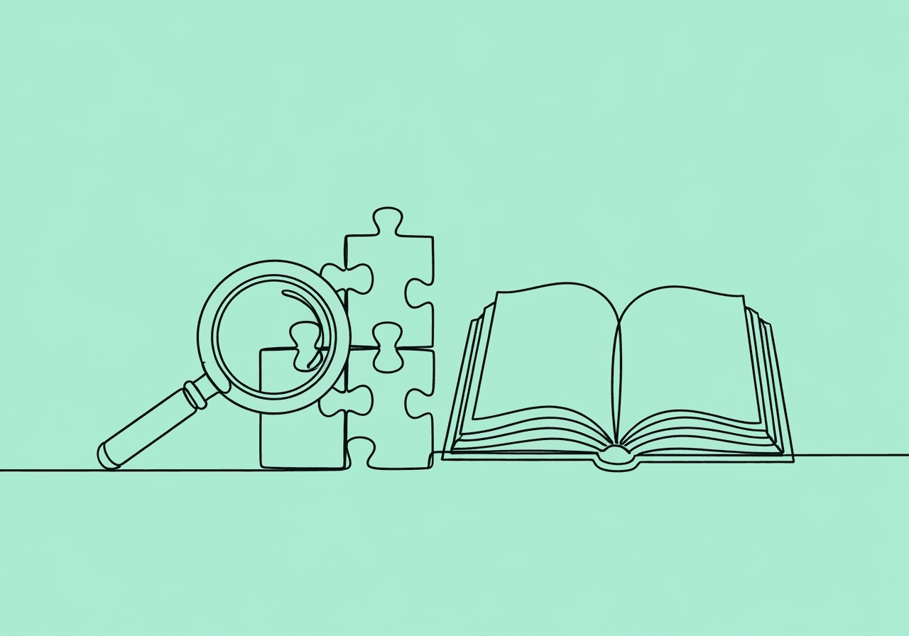 RBT Social Skills Data Documentation: A Beginner's Guide Minimalist line art shows a magnifying glass examining puzzle pieces that flow into an open book, representing RBT social skills data documentation and the nuanced recording of complex social behaviors.