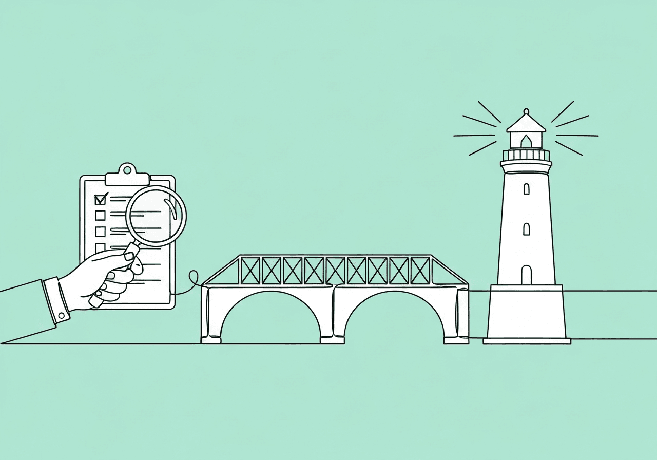 RBT Renewal Supervision Log Audit Checklist Minimalist line art of a hand using a magnifying glass to examine an audit checklist that transforms into a bridge leading to a lighthouse, symbolizing guidance and clarity in RBT renewal supervision log audit processes.