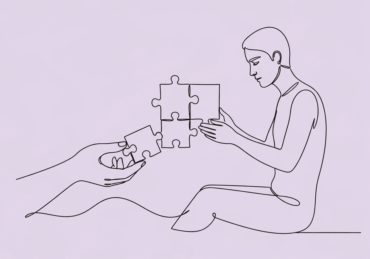 RBT Task List F-01: Exam Prep Mastery Minimalist black line art on pastel lavender, showing a person preparing to place a puzzle piece into a larger puzzle, representing the key RBT Task List F-01 role in ABA service delivery and exam preparation.