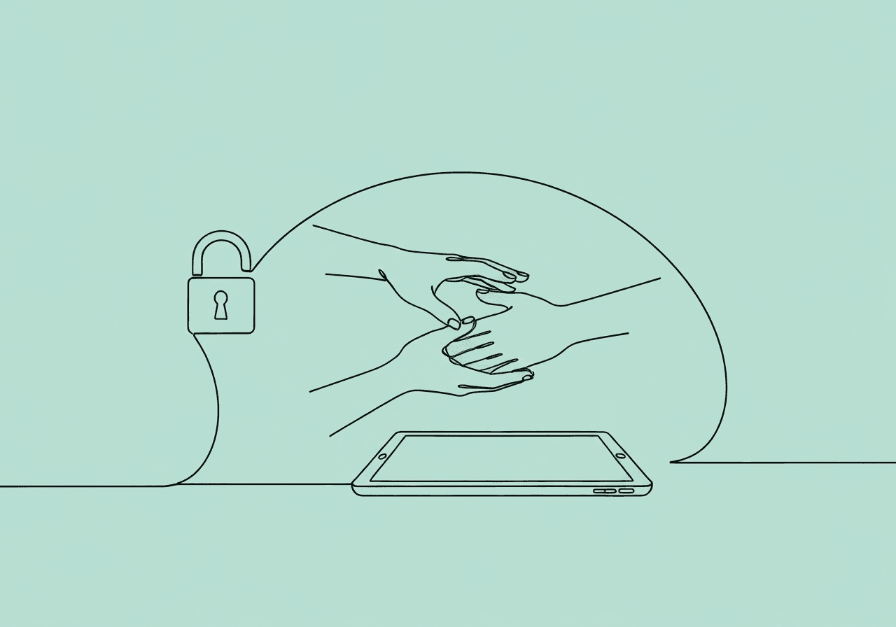 RBT Telehealth Documentation: Essential FAQ Guide Minimalist line art shows a digital tablet with two hands reaching toward each other, encircled by a flowing line that forms a padlock, visually representing RBT telehealth documentation and the importance of privacy and connection in virtual sessions.
