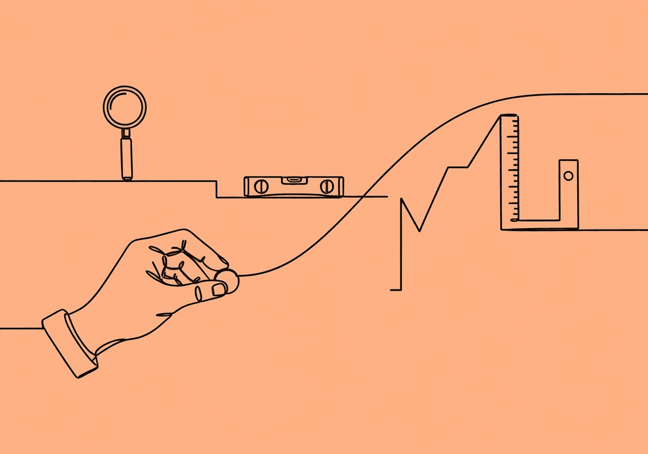 RBT Visual Analysis Documentation: Step-by-Step Guide Minimalist line art on a pastel peach background illustrating RBT visual analysis documentation, featuring a hand placing a data point on a graph line intertwined with measuring tools, representing step-by-step graphing and careful analysis.