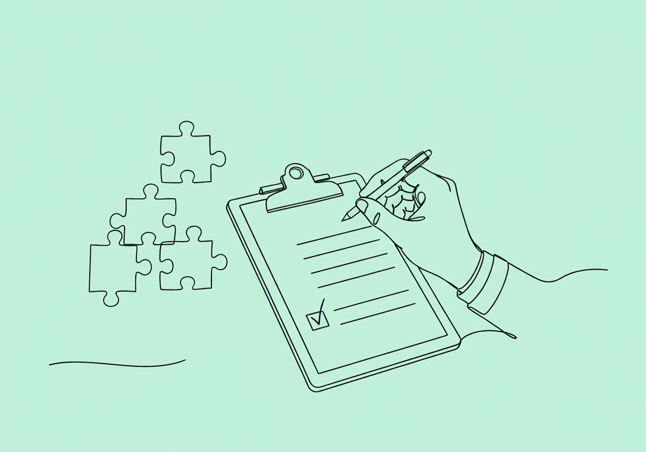 RBT Documenting Zero Data Skill Acquisition Guide Minimalist line art of a hand above a clipboard with a nearly completed data sheet, paired with puzzle pieces, visually representing RBT documenting zero data skill acquisition in an objective, detailed, and methodical way.