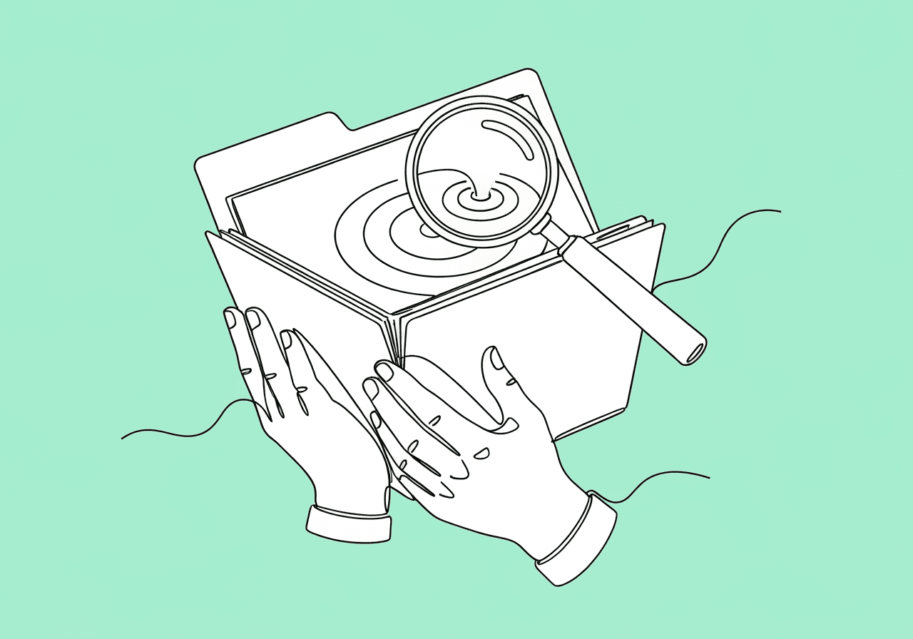 Renewed FBA Documentation: BCBA Re-Assessment Guide Minimalist line art of hands holding an open file folder with a magnifying glass highlighting rippling data, visually representing renewed FBA documentation BCBA process and careful reassessment for insurance purposes.