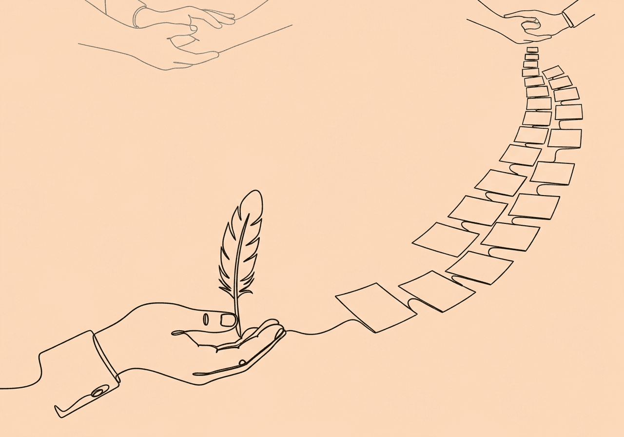 Restraint Seclusion Documentation in ABA: Essentials Minimalist line art illustrating restraint seclusion documentation: a careful hand holds a feather with a flowing path of paper sheets overhead, symbolizing thorough, compassionate recordkeeping in ABA practice.