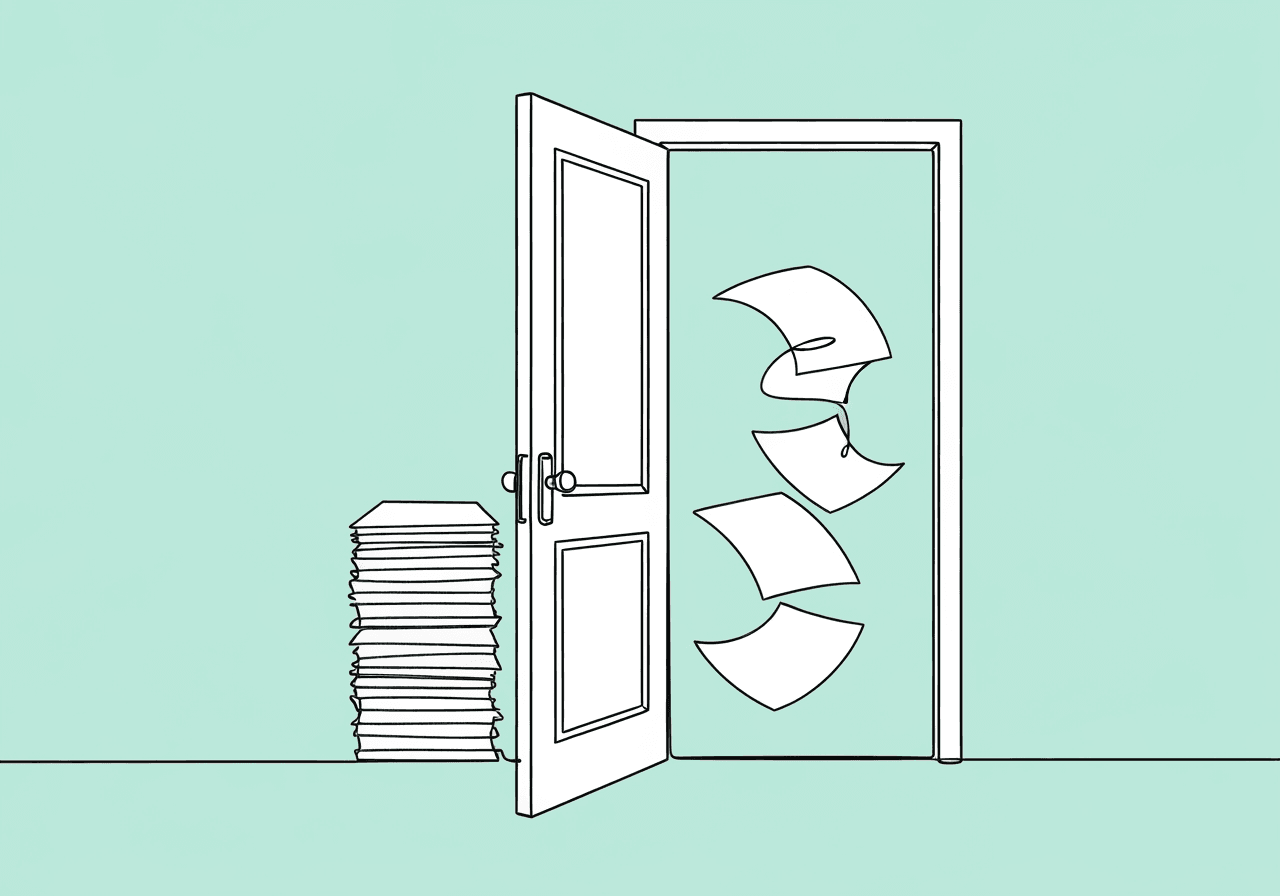 Restricted vs Unrestricted BCBA Documentation: 60% Rule Minimalist line art illustration showing an open door separating a stack of organized papers on one side and free-flowing documents on the other, visually representing restricted vs unrestricted documentation for BCBA fieldwork compliance.