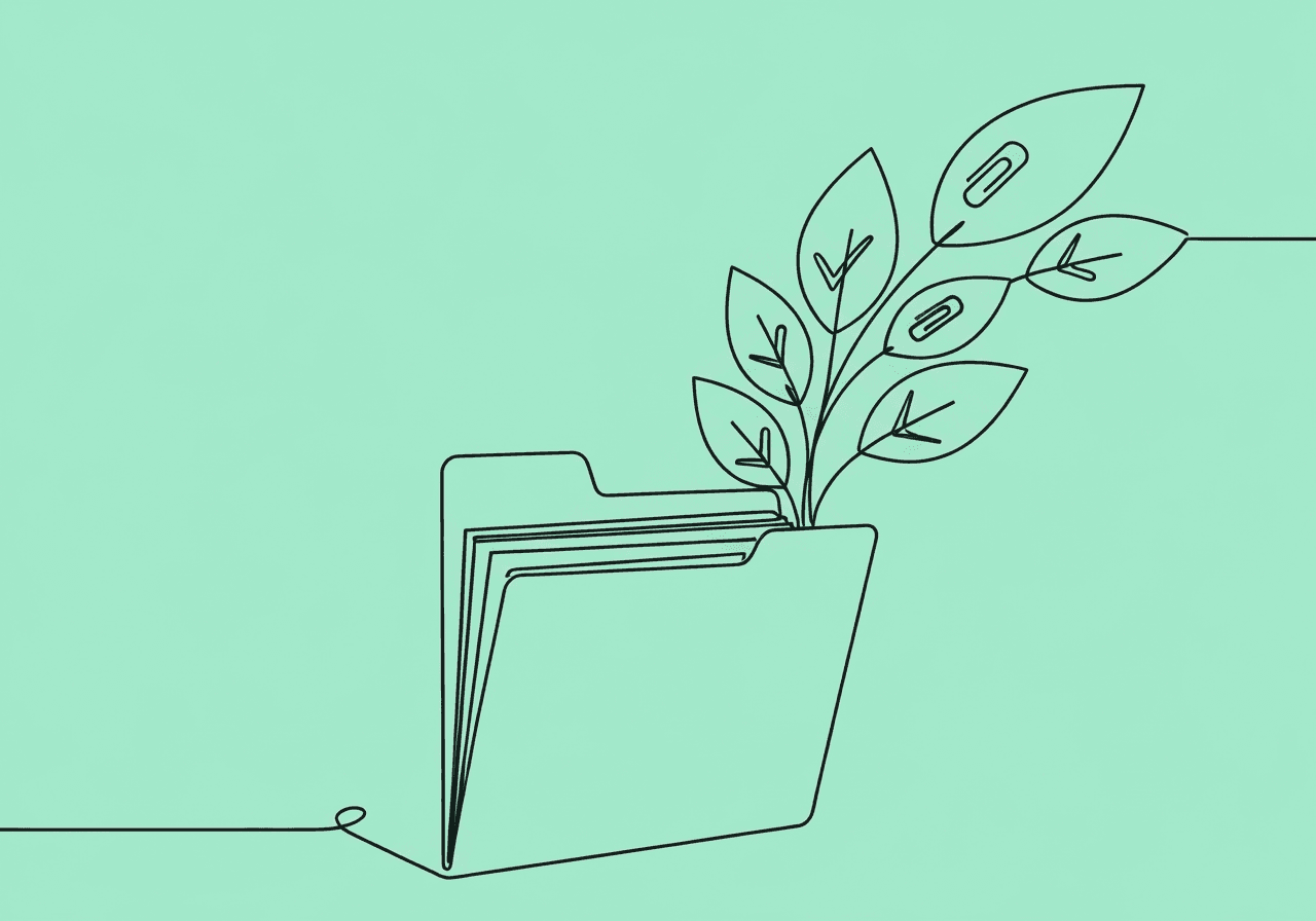 Retrospective ABA Audit Defense Checklist Minimalist line art illustrating a file folder with rising leaf-like documents, symbolizing organized retrospective ABA audit documentation. The image visually communicates structured record-keeping and growth in audit defense, matching the blog's focus on checklist-driven preparation.