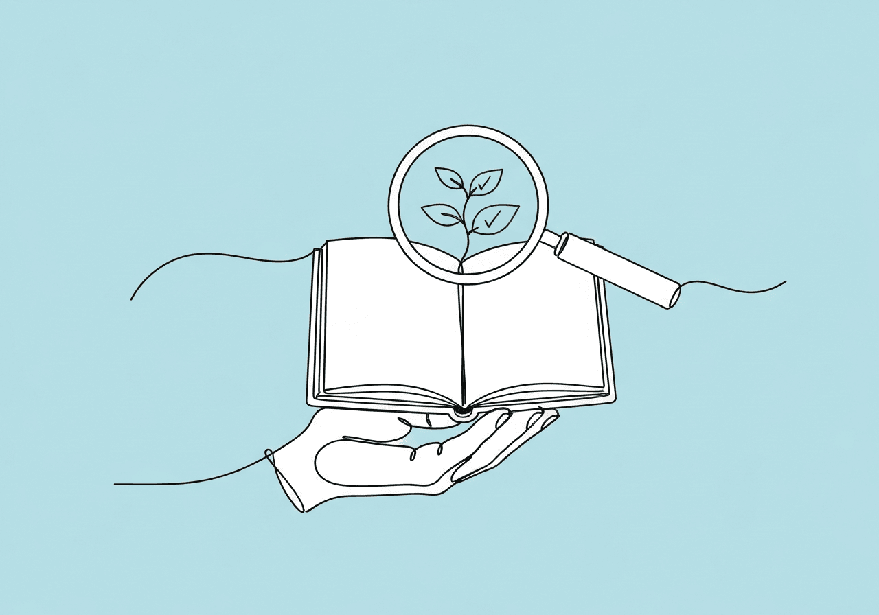 Self-Monitoring Intervention Documentation: BCBA Guide Minimalist line art illustration of a self-monitoring intervention documentation concept for ABA: an open notebook in a hand transforms into a magnifying glass, focusing on a growing plant. Represents BCBA-guided self-tracking and personal progress.