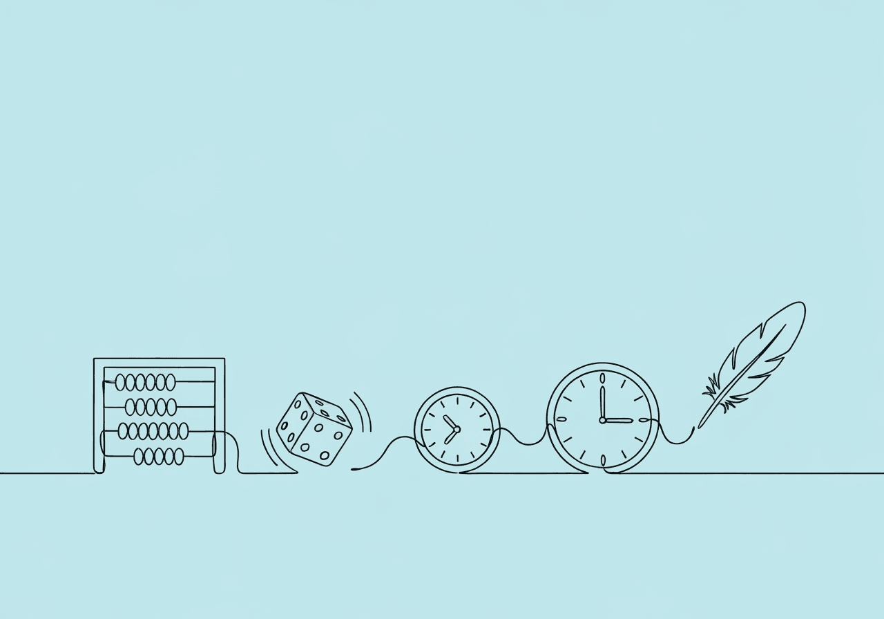 Simple Schedules of Reinforcement ABA: FR, VR, FI, VI Guide Minimalist line art visualizes simple schedules of reinforcement in ABA with interconnected objects—a bead, dice, clock, and feather—symbolizing fixed and variable ratio and interval schedules for behavioral therapy concepts.