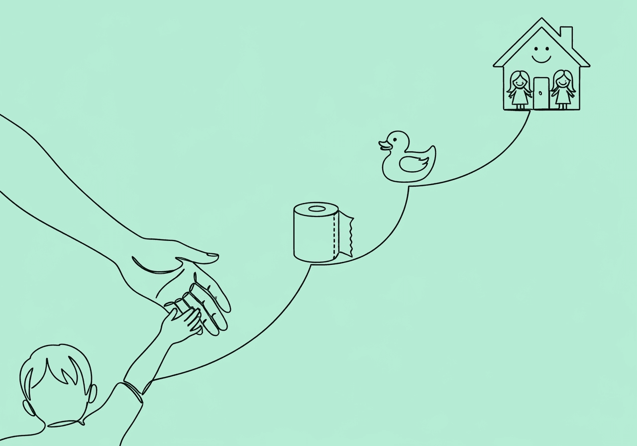 Social Validity in ABA Toilet Training: A Parent's Guide Minimalist line art on a pastel mint background illustrates ABA toilet training social validity with a parent guiding a child along a gentle path marked by daily-life symbols, emphasizing family collaboration, progress, and approachable support in the process.