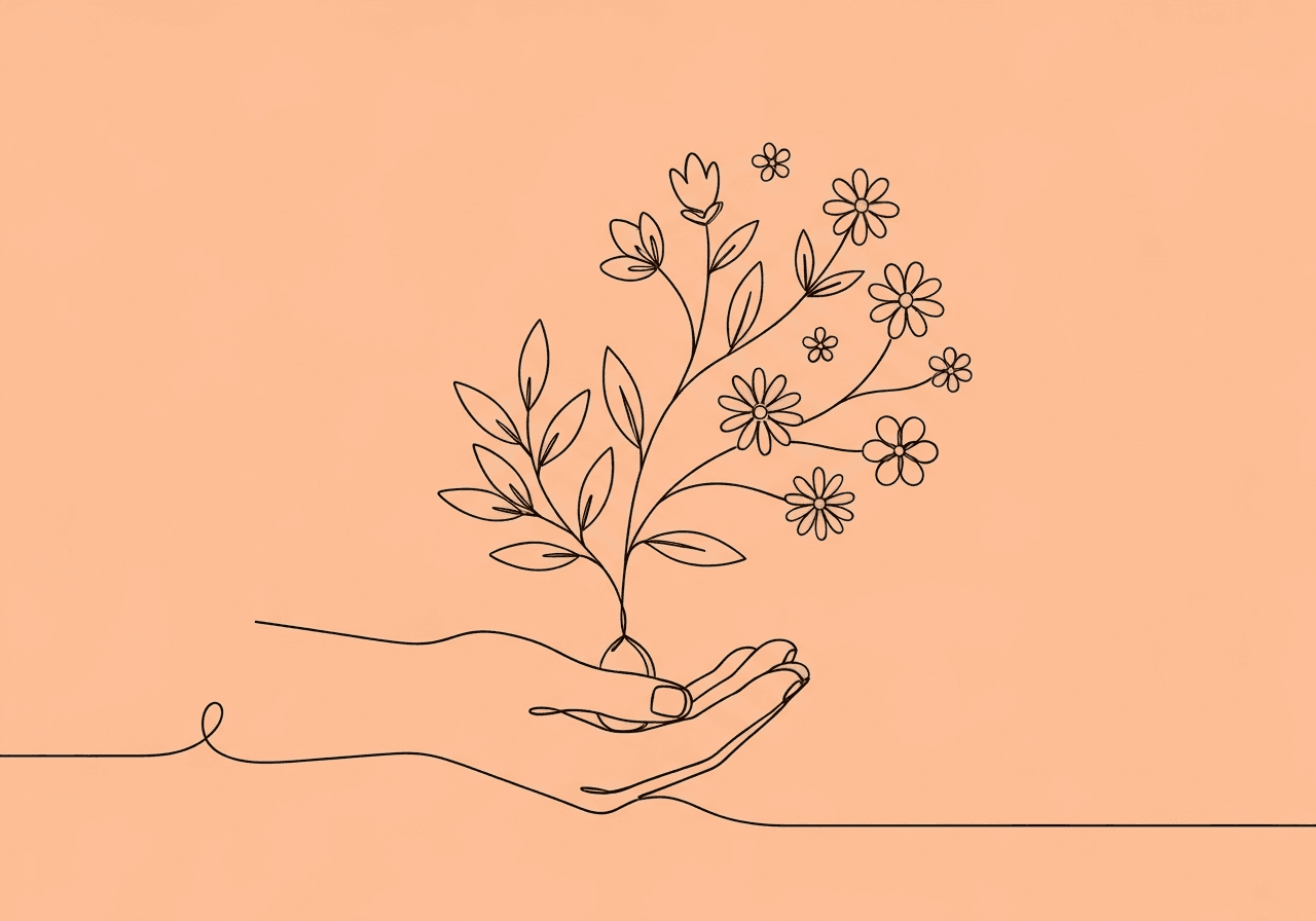 Stimulus vs Response Generalization: ABA Guide Minimalist line art of a hand holding a seed that sprouts two unique branches—one with varied leaves, one with different flowers—metaphorically illustrating stimulus vs response generalization in ABA, set on a pastel peach background.