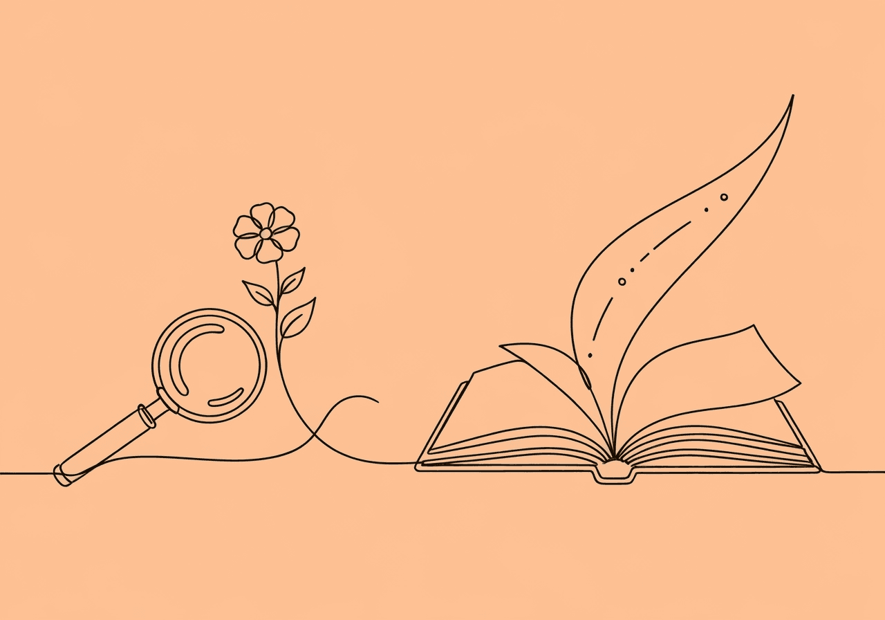 Sudden ABA Progress Documentation: 8 Steps for BCBAs Minimalist line art for sudden ABA progress documentation showing a magnifying glass inspecting a blooming flower connected to an open journal, representing careful observation and thorough clinical documentation in ABA practice.