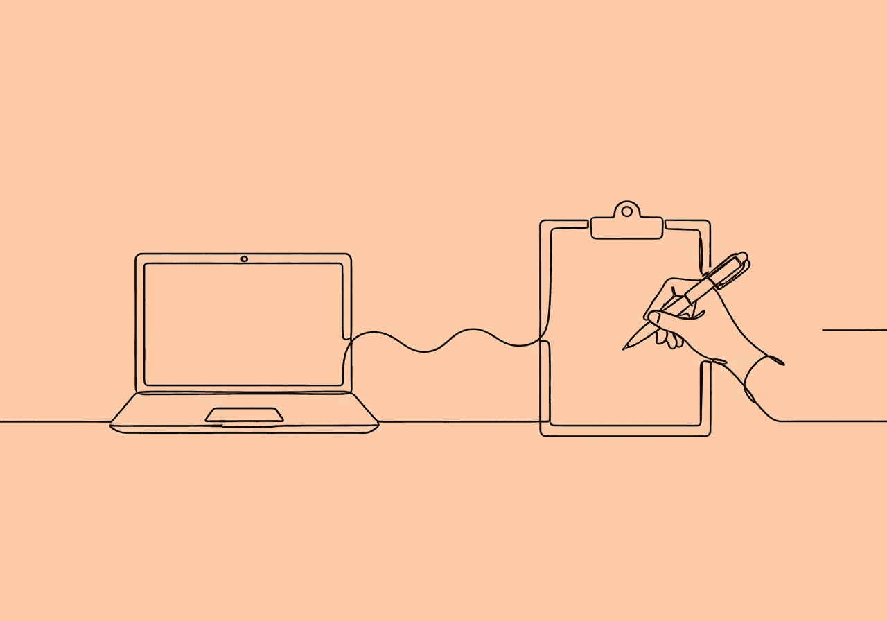 Telehealth vs In-Person ABA Documentation: Key Differences Minimalist line art illustration of a laptop flowing into a clipboard with a pen, visually representing the differences between telehealth and in-person ABA documentation for RBTs and BCBAs. Clean, modern, and relevant to compliance and best practices.