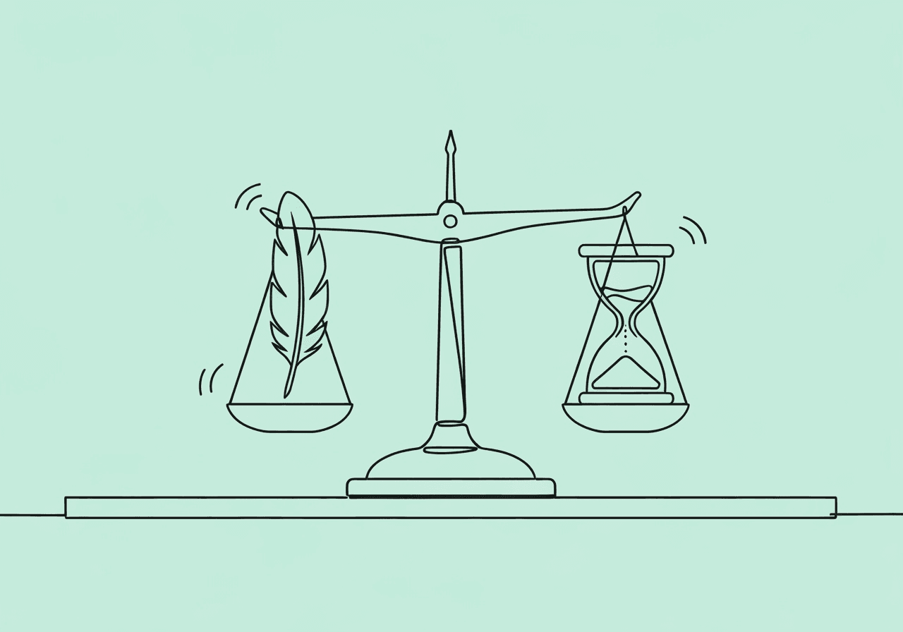 Trial-by-Trial vs Probe Data: ABA Comparison Minimalist line art illustration of a balance scale weighing a feather and an hourglass, symbolizing the comparison of trial-by-trial vs probe data in ABA documentation. The image visually represents data collection choices and their impacts.