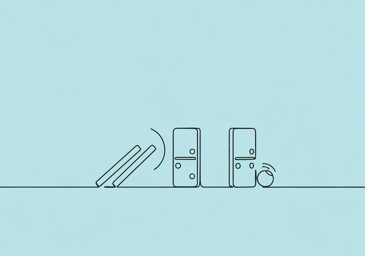 Understanding Type I & II Errors in ABA: BCBA Exam Tips Minimalist line art featuring two dominoes: one tipping over and one standing while a ball rolls by, illustrating Type I and Type II errors in ABA decision-making.