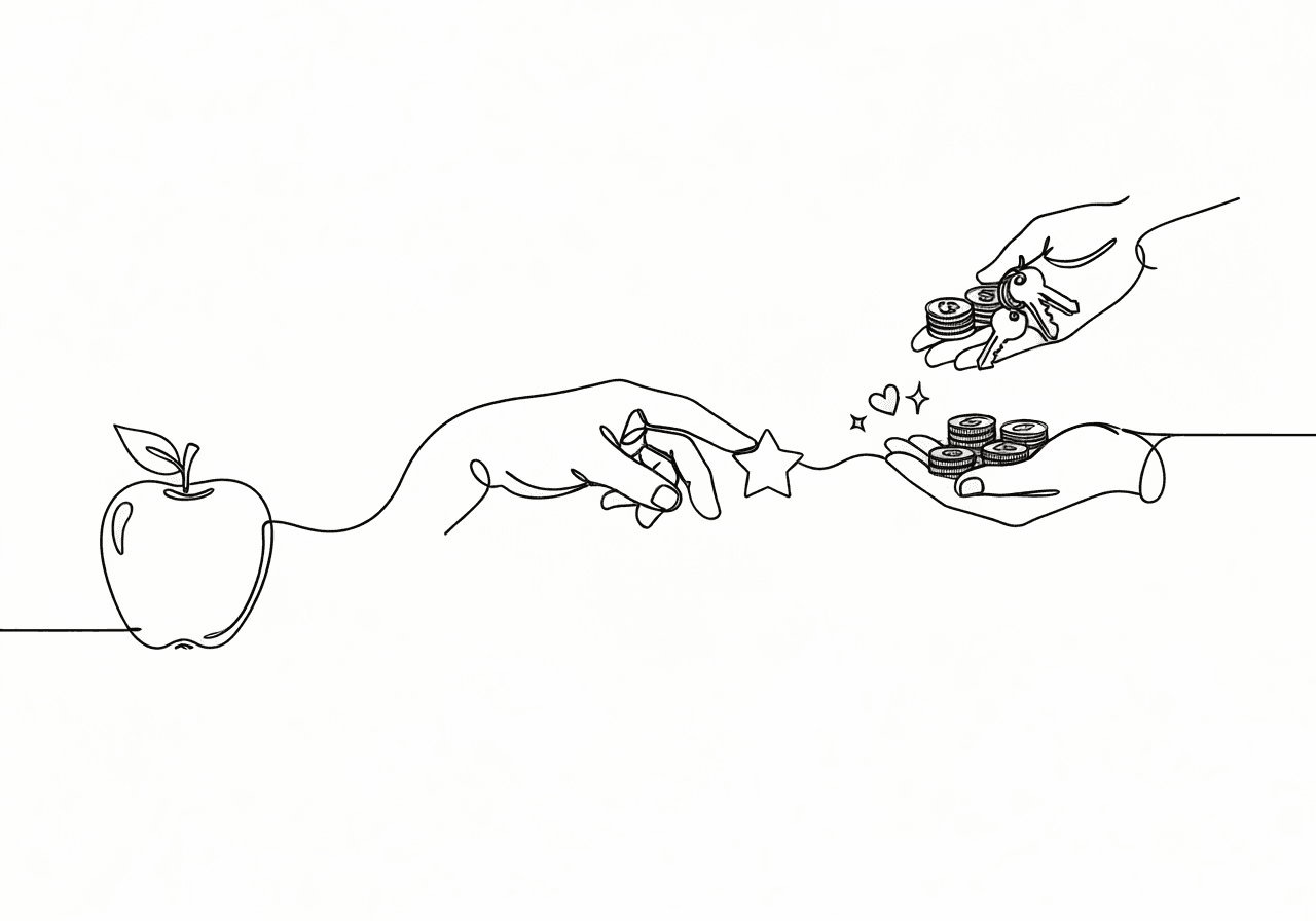 Unconditioned vs Conditioned Reinforcers: ABA Guide Minimalist line art on pastel mint background illustrating unconditioned vs conditioned reinforcers with an apple, a hand offering a token, and multiple reward objects, highlighting the concepts in behavioral psychology.