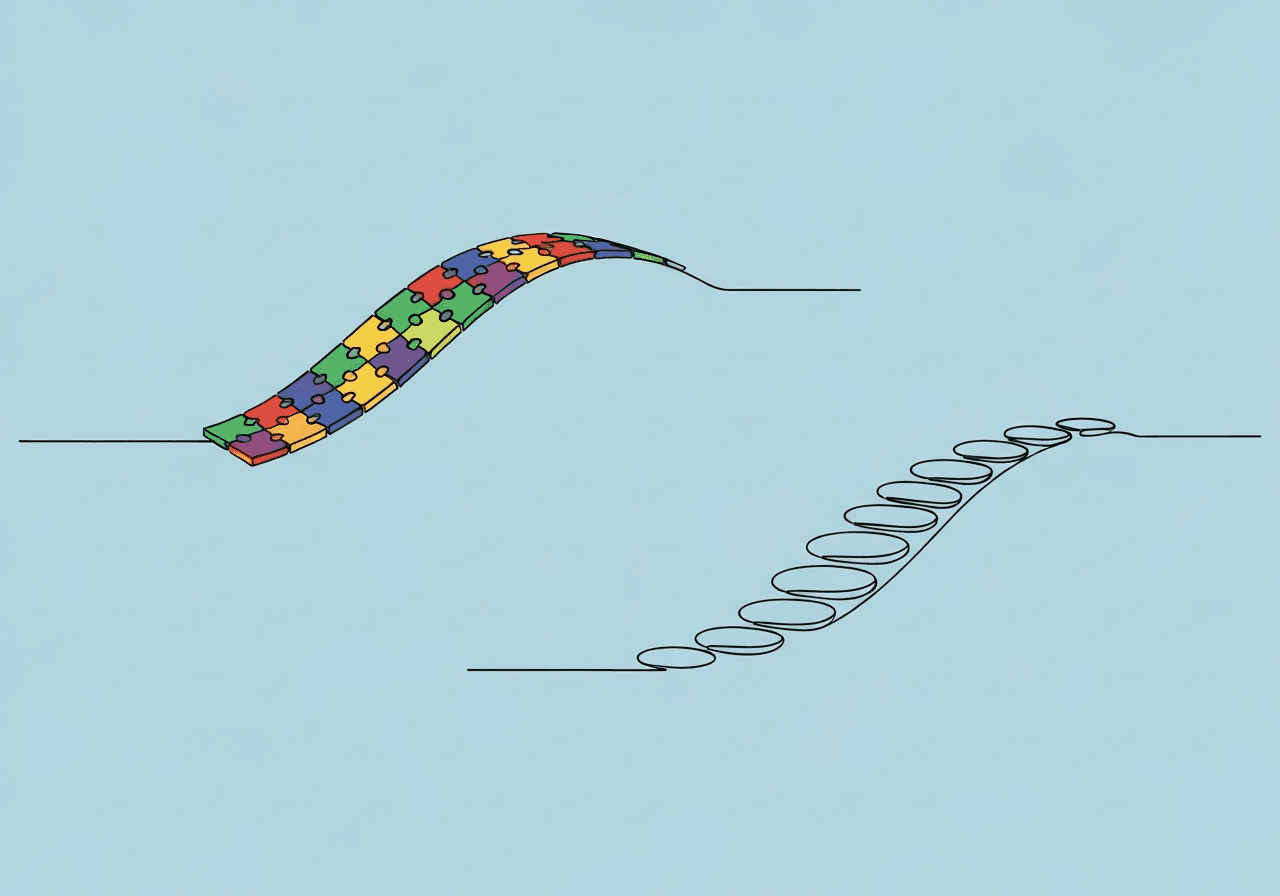 VB-MAPP vs ABLLS-R: Documentation Comparison Guide Minimalist line art featured image for VB-MAPP vs ABLLS-R documentation, illustrating two distinct bridges—one a series of puzzle pieces, the other transformed speech bubbles—symbolizing assessment choices in developmental and skill-based documentation. Visual metaphor highlights decision-making in selecting the right tool for compliance.