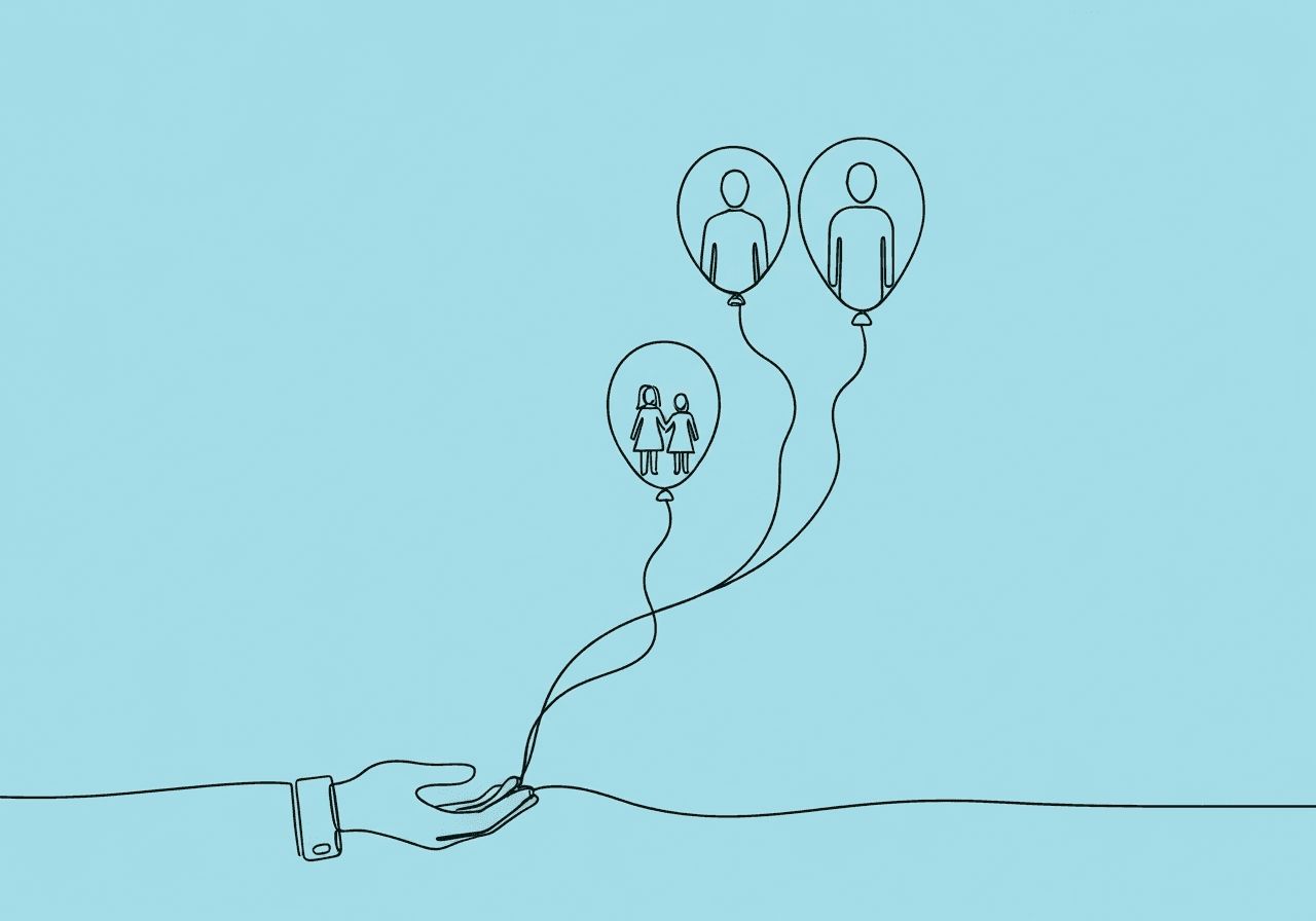 Vineland-3 ABAS-3 Documentation Guide for BCBAs Minimalist line art showing a hand releasing two balloons, each with different family silhouettes, symbolizes Vineland-3 ABAS-3 documentation by illustrating assessment, comparison, and individualized outcome measures in ABA documentation.
