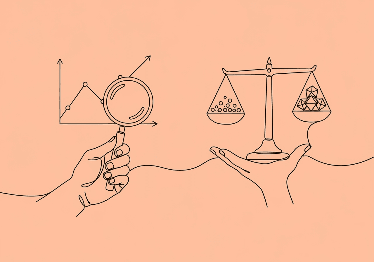 Visual vs Statistical Analysis for BCBAs in ABA Minimalist line art on a peach background showing a hand holding a magnifying glass (visual analysis) and another holding a balanced scale (statistical analysis), visually contrasting the approaches BCBAs consider in visual vs statistical analysis.